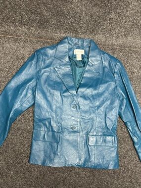 Vintage blue leather blazer 12 modern folk layering jacket chic colorful teal